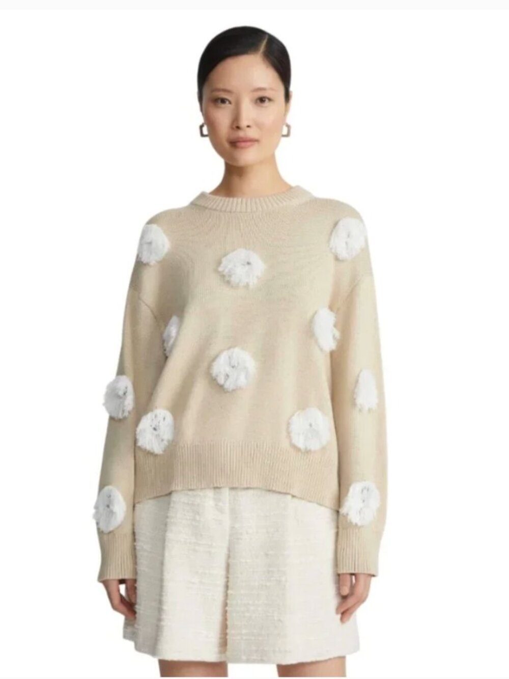 Lafayette 148 Fringe Cut Out Sweater Womens Medium Tan Beige White Crew Neck